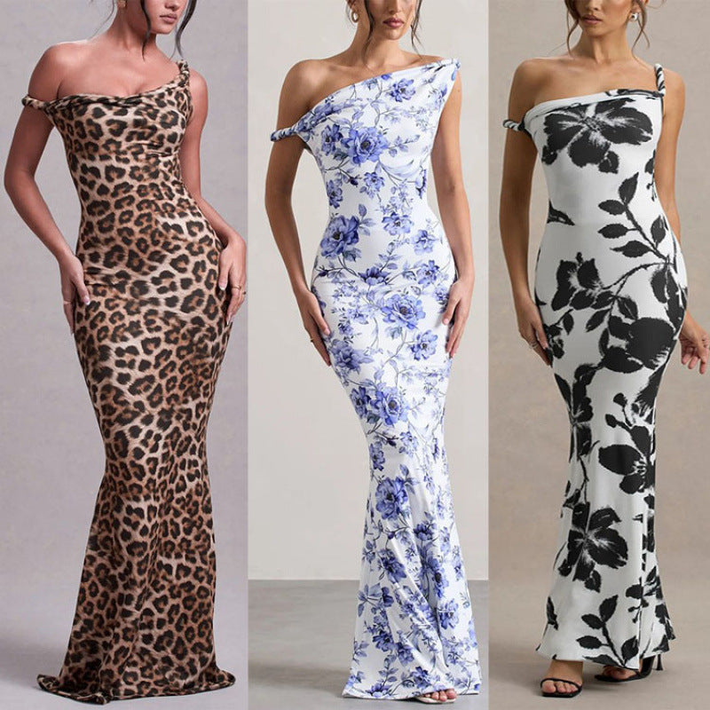 Damen Langarm Maxikleid im eleganten Leopardenmuster R&B