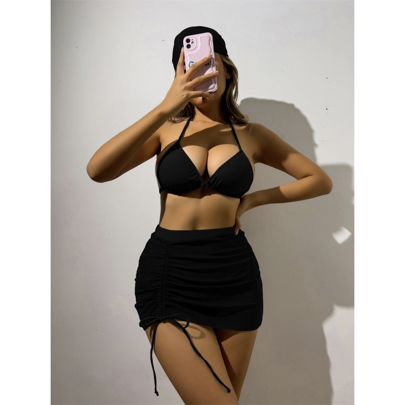 Damen Triangelbikini-Set mit transparentem Überrock und modischem Stirnband R&B
