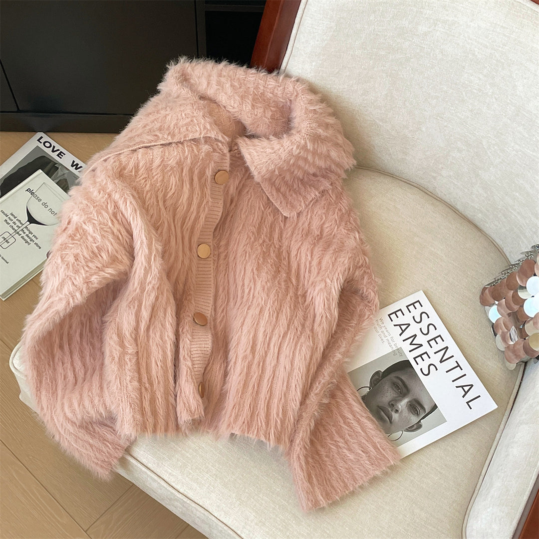 Damen Flauschige Strickjacke mit breitem Kragen und Knopfleiste R&B