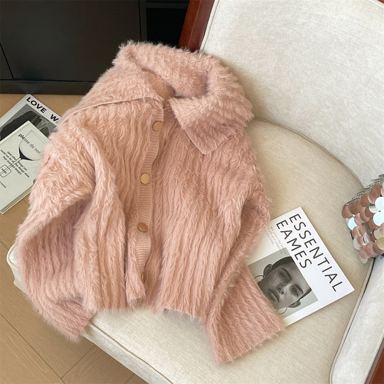 Damen Flauschige Strickjacke mit breitem Kragen und Knopfleiste R&B