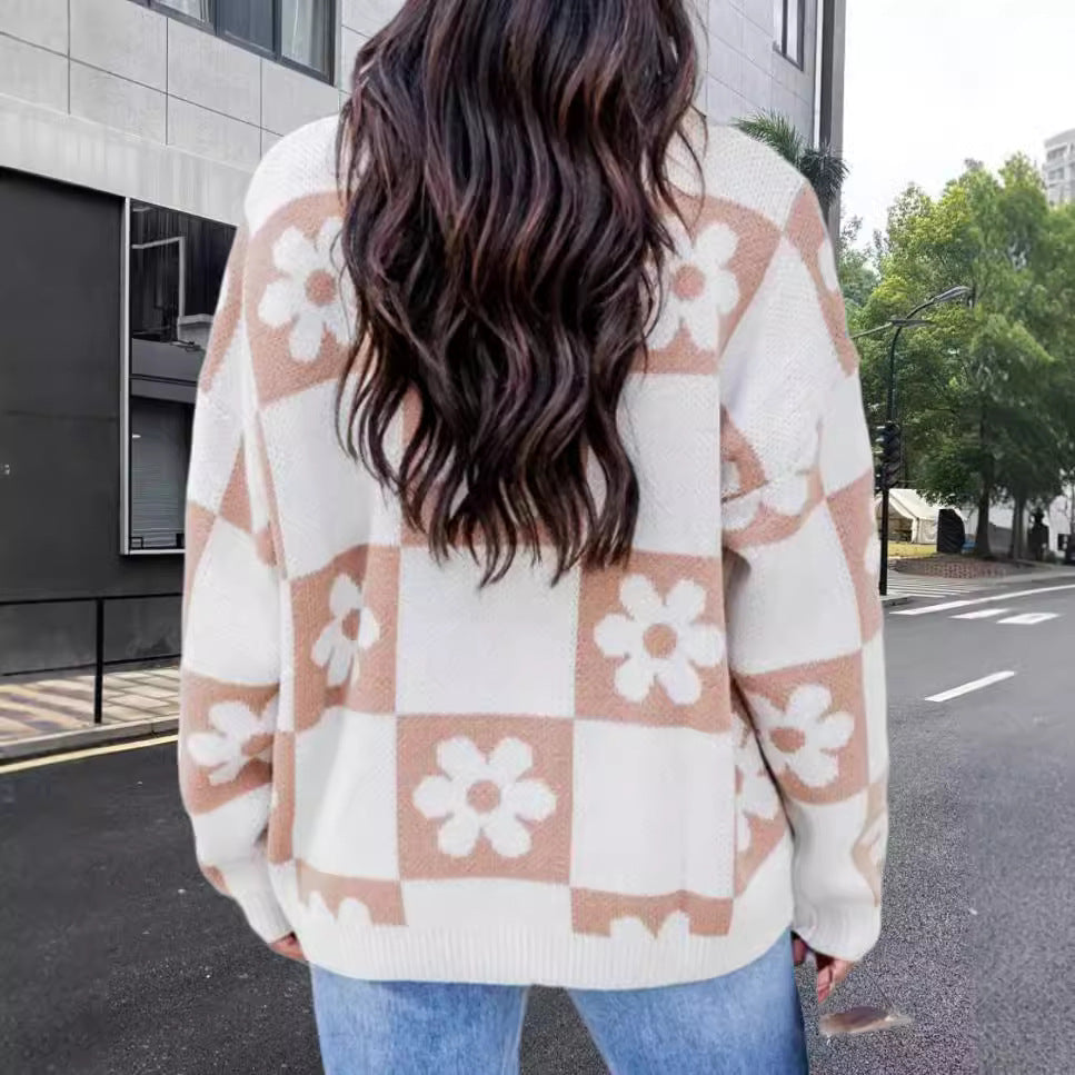 Damen Oversized Strickpullover mit floralem Muster und lässigem Schnitt R&B