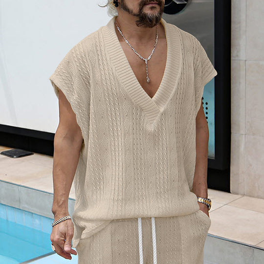 Herren nan kastiges Stricktop aus grobem Strick mit tiefem V-Ausschnitt und Strukturmuster R&B