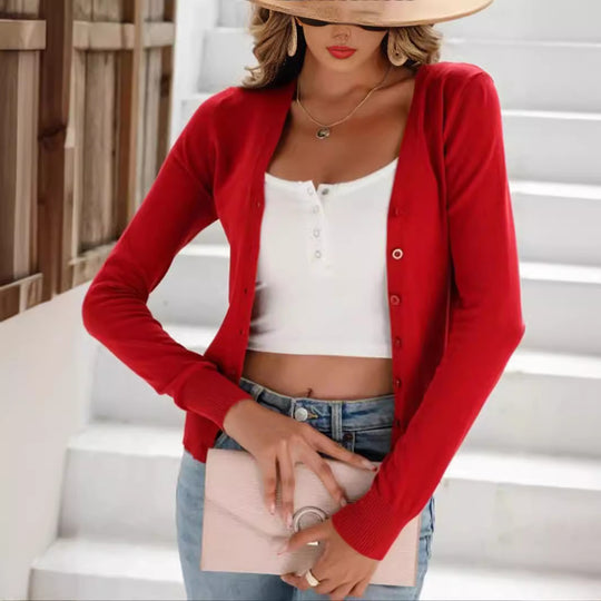 Damen lässiger Langarm-Cardigan mit Knopfverschluss R&B
