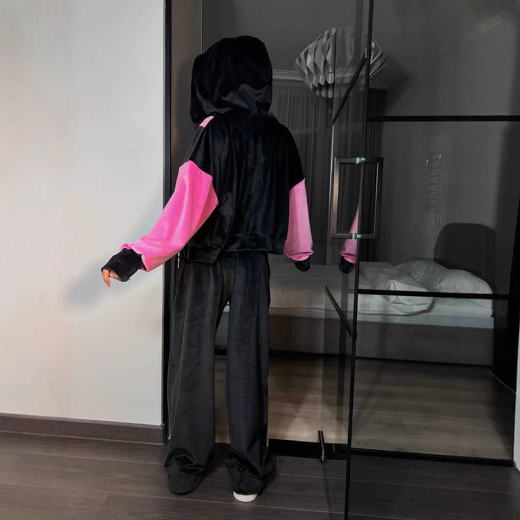 Damen sportliches Velours-Set mit kontrastierenden Farbakzenten und praktischem Reißverschluss R&B