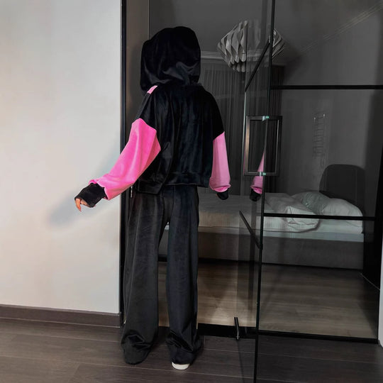 Damen sportliches Velours-Set mit kontrastierenden Farbakzenten und praktischem Reißverschluss R&B