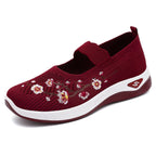 Damen nan bestickter gestrickter Slip-On Sneaker mit Mary-Jane Riemen und stoßdämpfender EVA-Sohle R&B