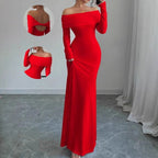 Damen Elegantes Off-Shoulder Maxikleid mit langem Arm und drapiertem Oberteil R&B