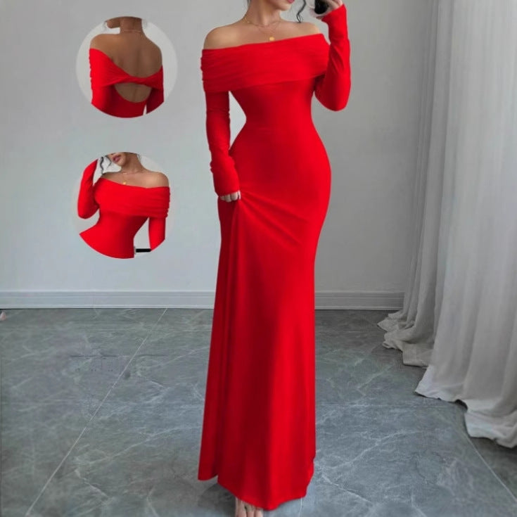 Damen Elegantes Off-Shoulder Maxikleid mit langem Arm und drapiertem Oberteil R&B