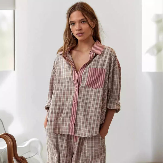 Damen lässiges Komplettset mit Karomuster aus weichem Material R&B