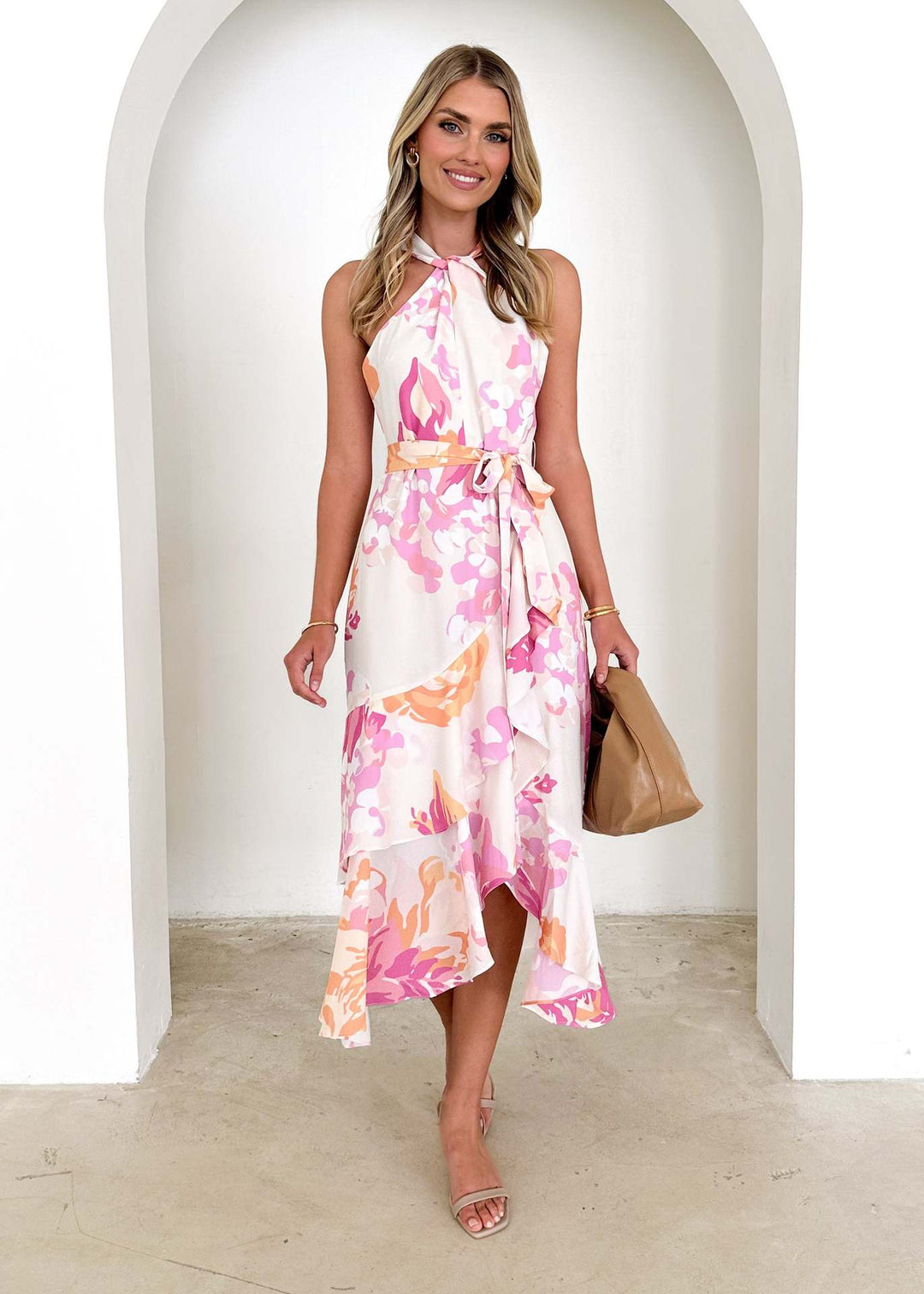 Damen Halterneck Maxikleid mit elegantem Rüschensaum R&B