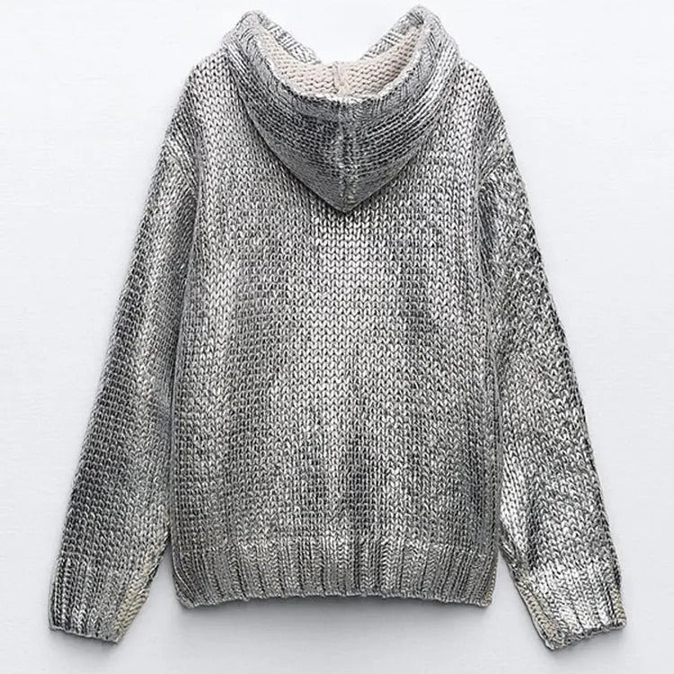 Damen Glitzernder Strickpullover mit Kapuze und praktischer Kängurutasche R&B