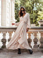 Damen Langärmliges Maxikleid mit Taillengürtel und eleganten Rüschendetails R&B