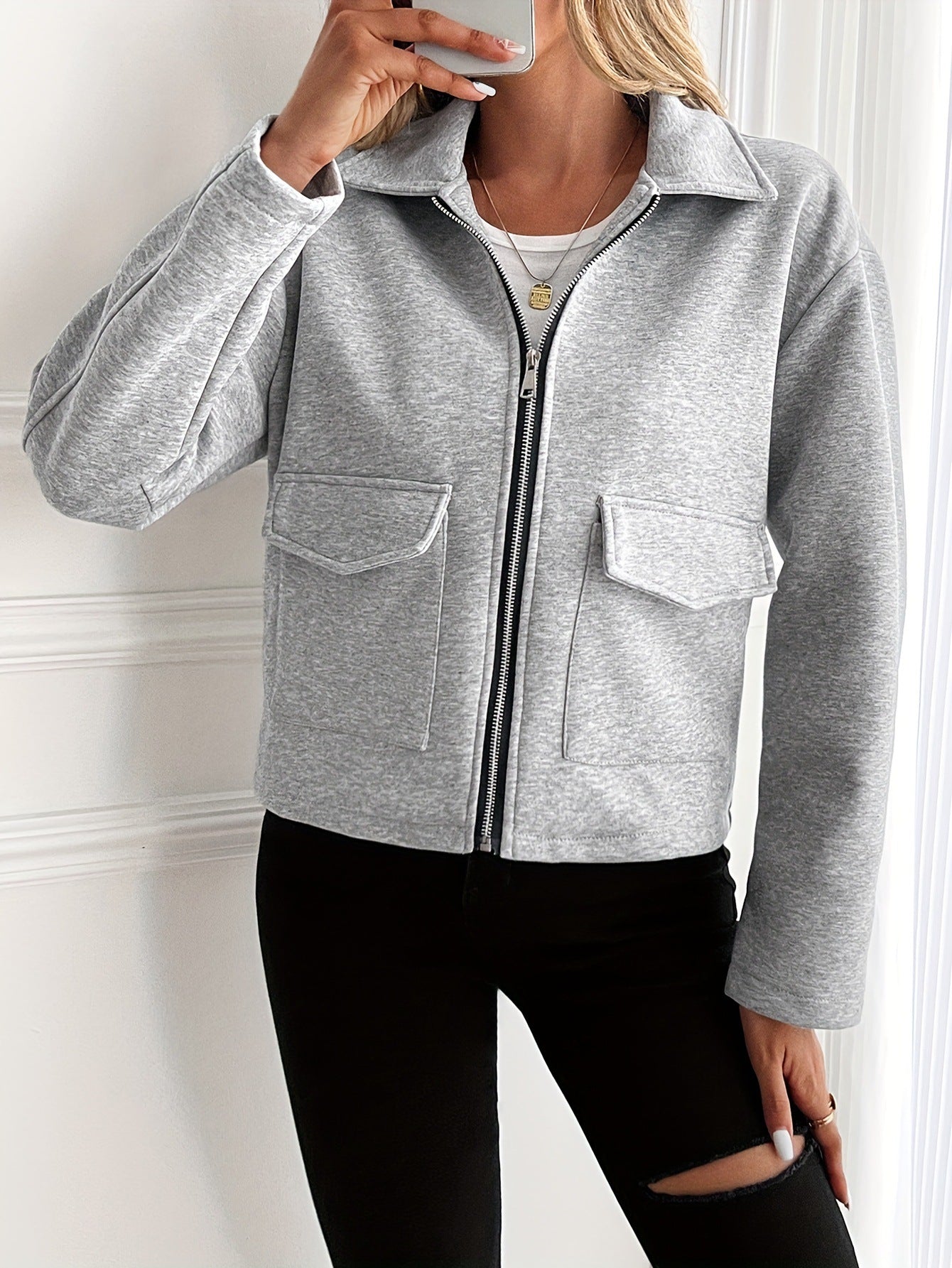 Damen lässige Zip-Jacke mit praktischen Taschen R&B