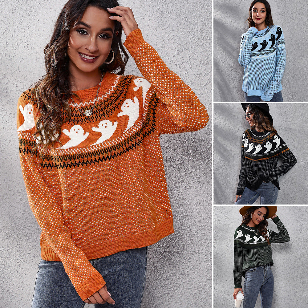 Damen Strickpullover mit gruseligem Geister-Motiv R&B