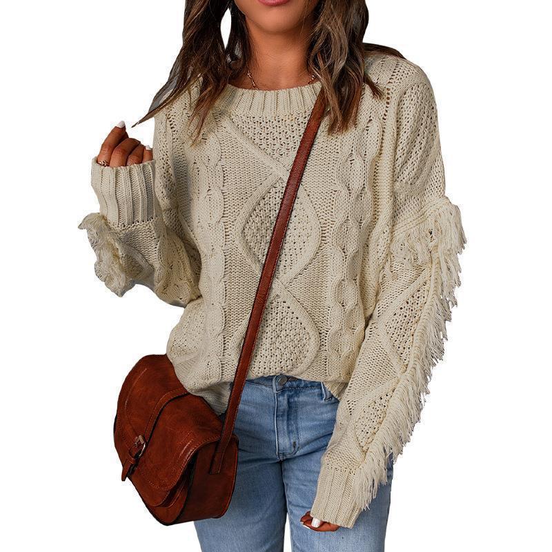 Damen Grobstrickpullover mit modischen Fransen und strukturiertem Design R&B