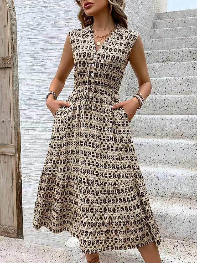 Damen Maxikleid mit Knopfleiste und elastischer Taille R&B