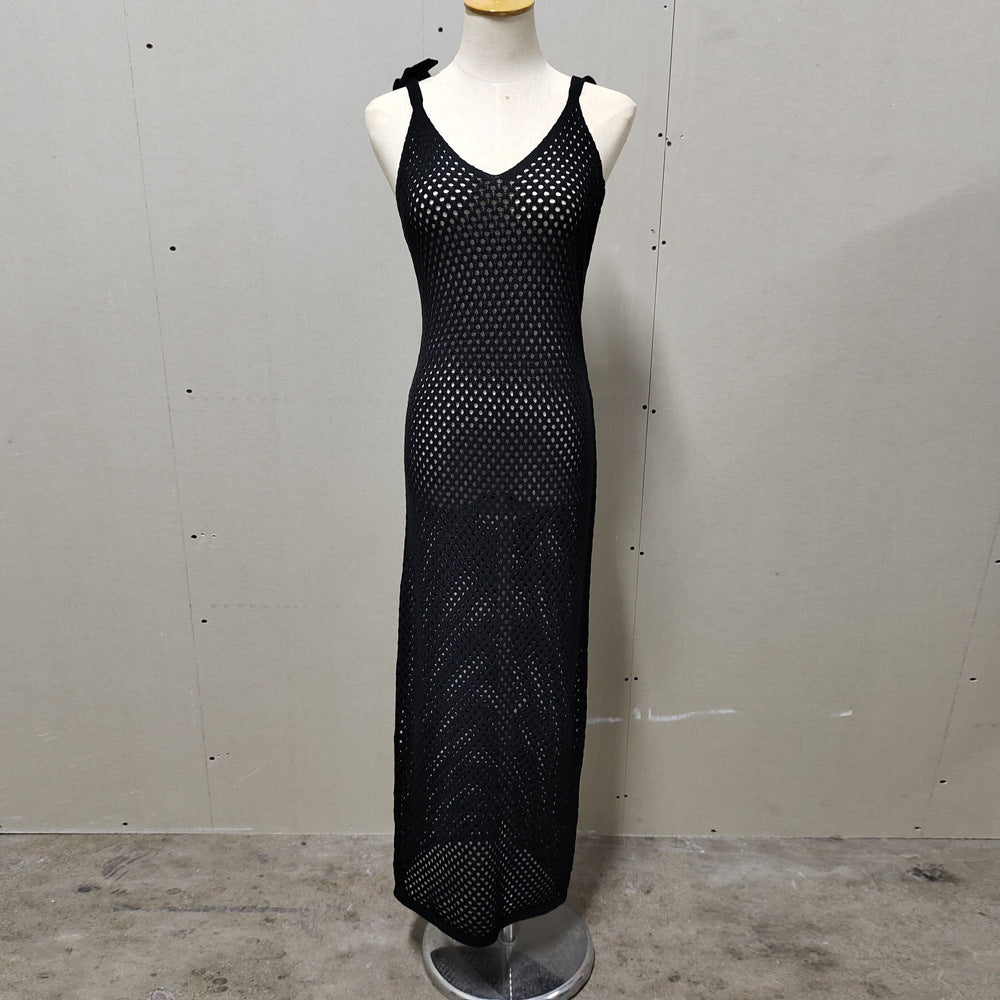Damen gehäkeltes Strandkleid mit tiefem V-Ausschnitt und verstellbaren Trägern R&B
