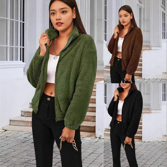 Damen Flauschige Fleecejacke mit hohem Kragen und seitlichen Taschen R&B