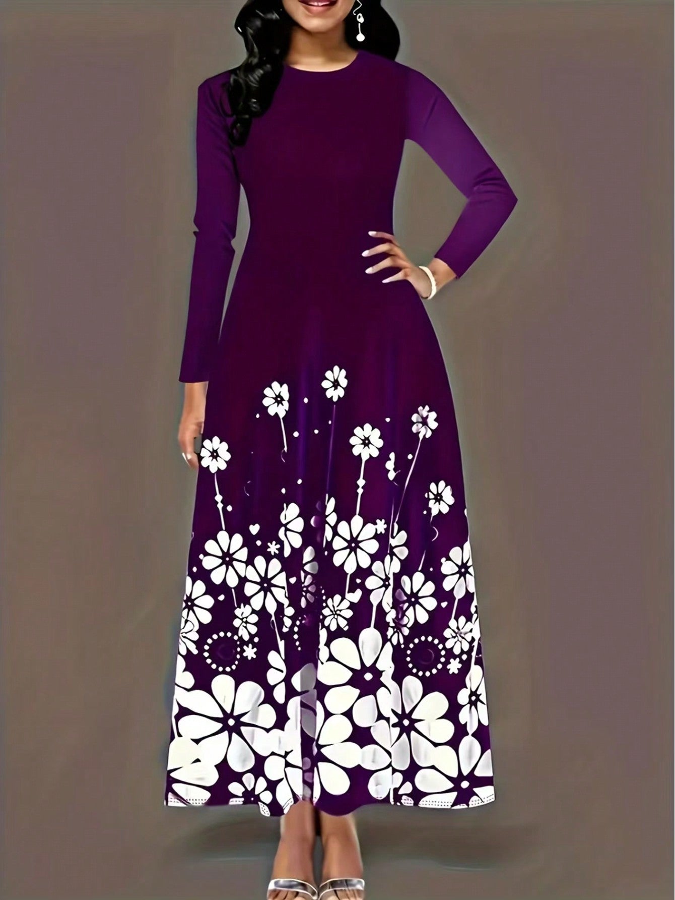 Damen Maxikleid mit floralem Druck und langem Ärmel R&B