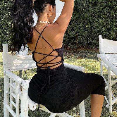Damen Langarm Strickkleid mit überkreuzten Trägern R&B
