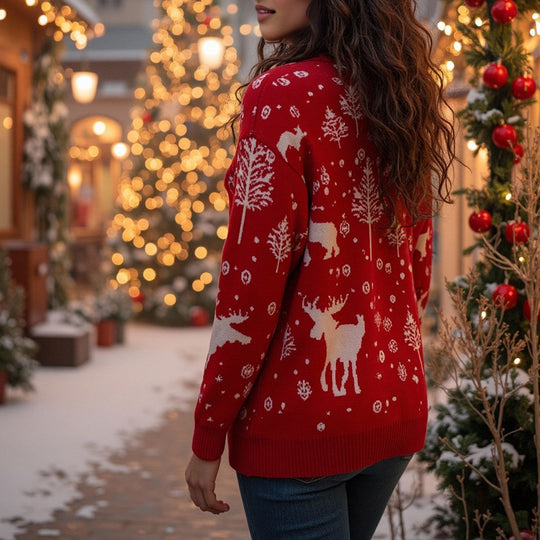 Damen winterlicher Weihnachts-Pullover mit festlichem Elch-Design und hochgeschlossenem Kragen R&B