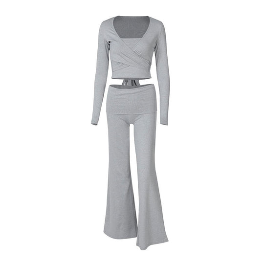 Damen modisches Two-Piece Set mit Wickeloberteil und Schlaghose R&B