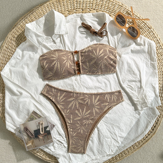 Damen Bandeau-Bikini mit floralem Häkelmuster R&B