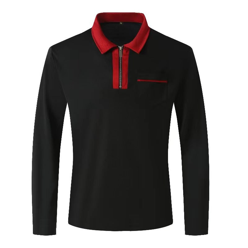 Herren nan elegantes Langarm-Poloshirt mit markantem Stehkragen Metall-Kurzreißverschluss und Brustleistentasche R&B