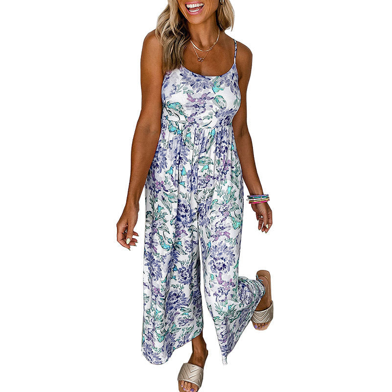 Damen luftiger Jumpsuit mit floralen Mustern und schmalen Trägern R&B