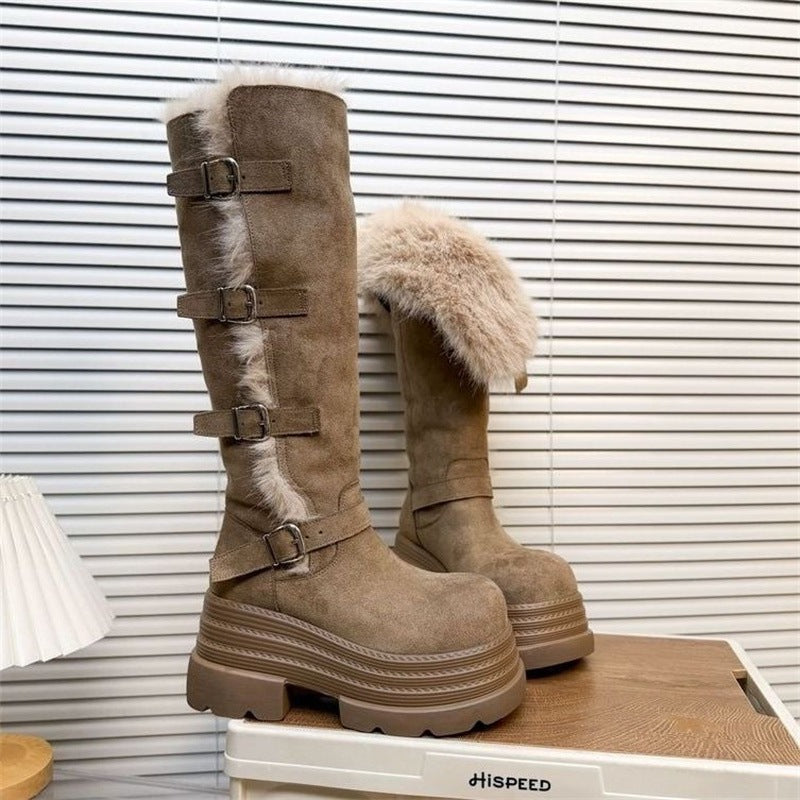 Damen Fleecegefütterte Winterstiefel mit modischen Schnallen und platform Sohle R&B