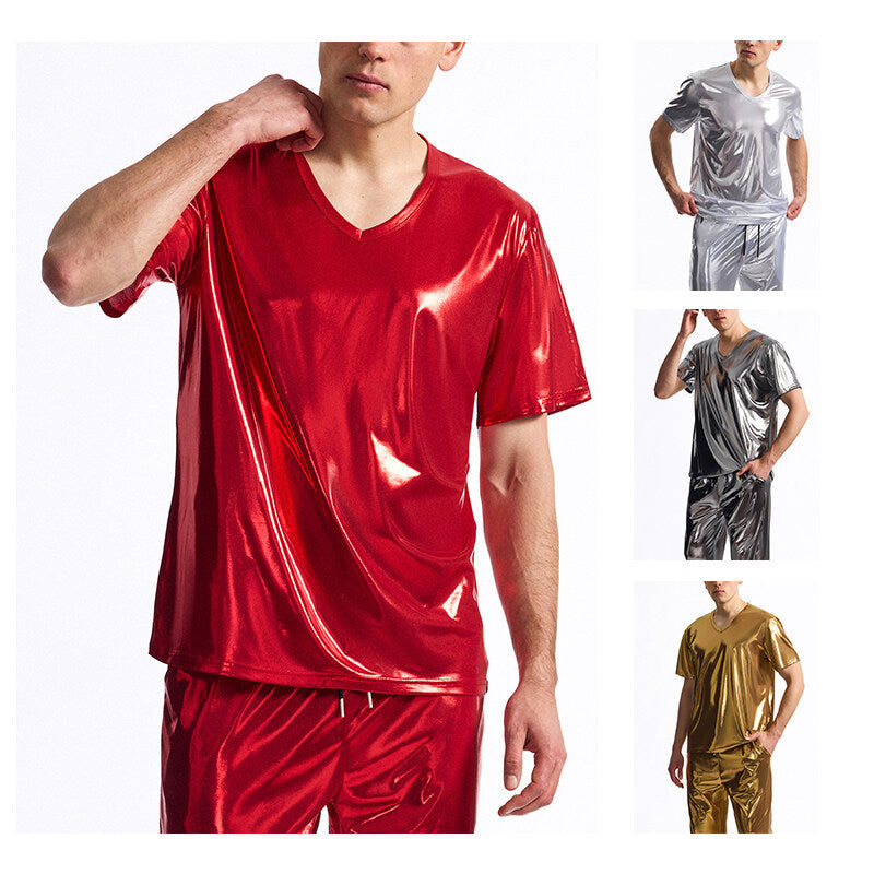 Herren Glänzendes V-Ausschnitt T-Shirt aus hochwertigen Materialien
