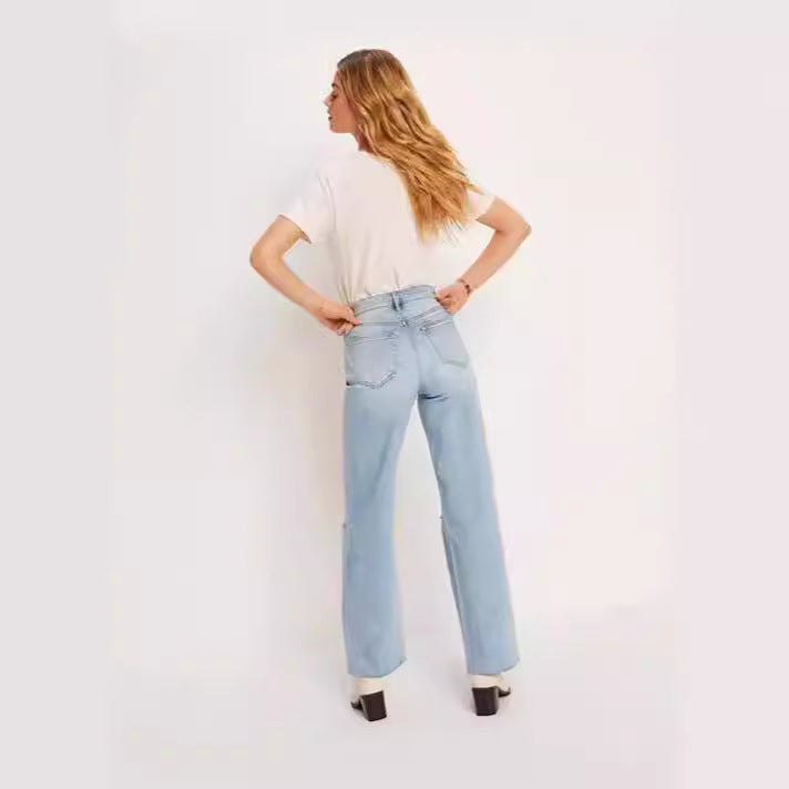 Damen High-Waist Jeans mit fransigem Saum und modischen Rissdetails R&B