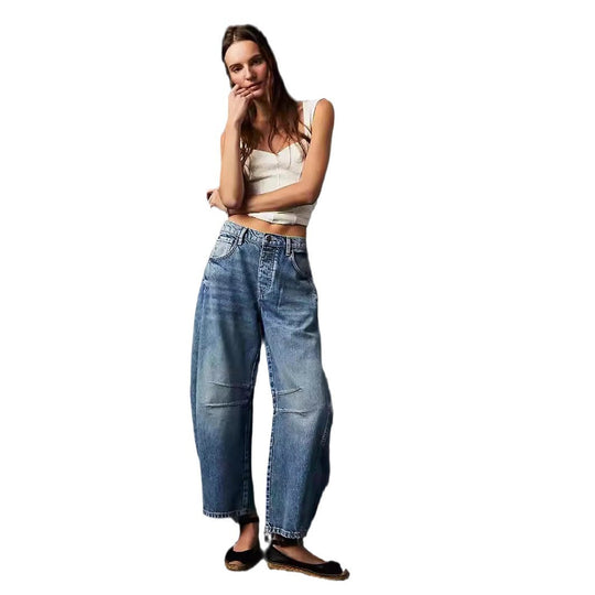 Damen Weite Denim-Hose mit hohem Bund und lässigen Details R&B