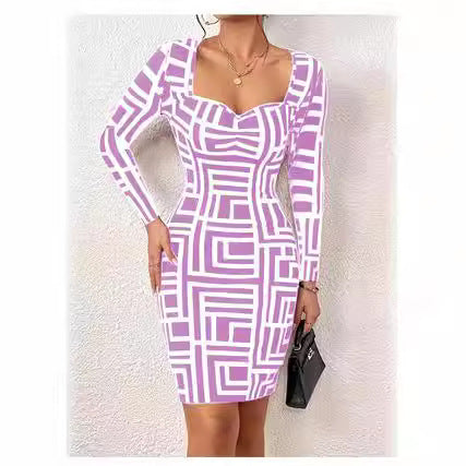 Damen Figurbetontes Langarmkleid mit geometrischem Muster und kreativem Ausschnitt R&B