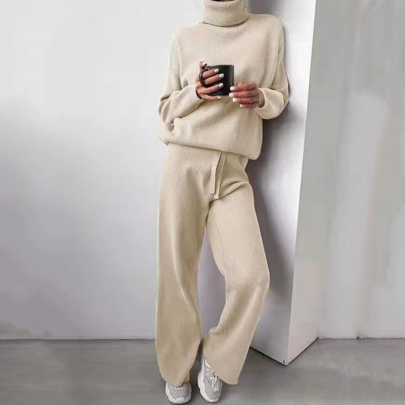 Damen elegantes Strick-Loungewear-Set mit hohem Kragen und weitem Bein R&B