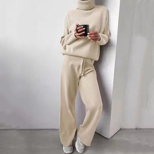 Damen elegantes Strick-Loungewear-Set mit hohem Kragen und weitem Bein R&B