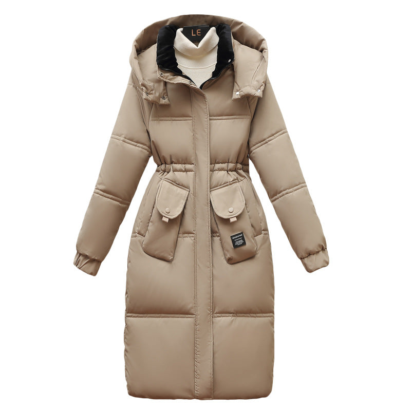 Damen Lange Pufferjacke mit abnehmbarer Kapuze und großen Taschen R&B