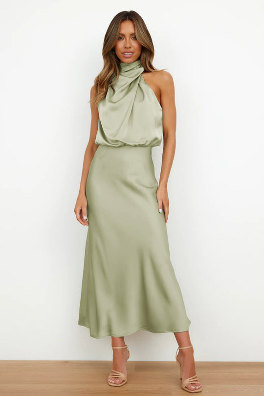 Damen Fließendes Maxikleid mit elegantem Stehkragen und Drapierung R&B