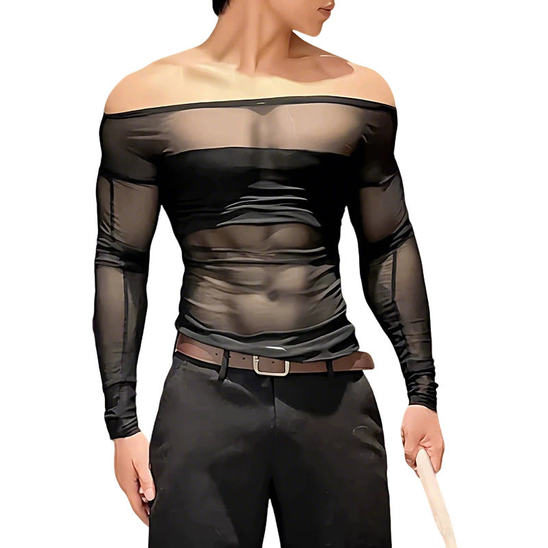 Damen nan transparentes Netz-Langarm-Oberteil mit blickdichtem Brustband und weitem Rundhalsausschnitt R&B