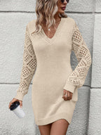 Damen Strickkleid mit V-Ausschnitt und luftigen Häkelärmeln R&B