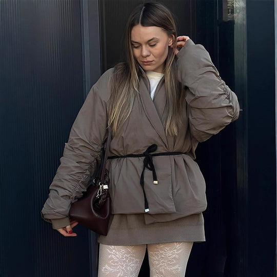 Damen lässige kurz geschnittene Jacke mit Taillengürtel und voluminösen Ärmeln R&B