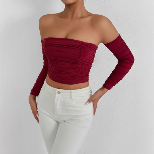 Damen Off-Shoulder Crop Top mit Faltenwurf R&B