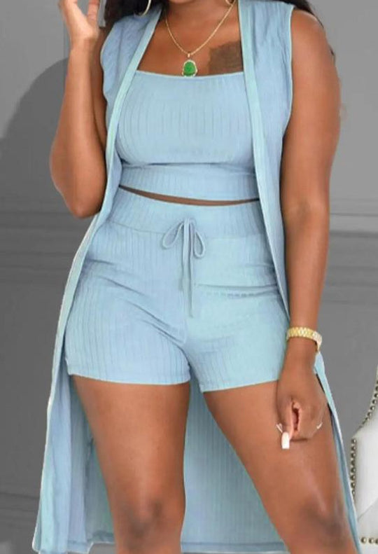 Damen lässiges 3-teiliges Set bestehend aus Crop-Top, Shorts und langem Cardigan R&B