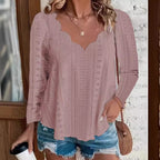 Damen luftiges Blusenshirt mit modernen Lochmuster und elegantem Ausschnitt R&B