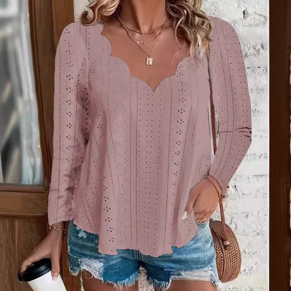 Damen luftiges Blusenshirt mit modernen Lochmuster und elegantem Ausschnitt R&B