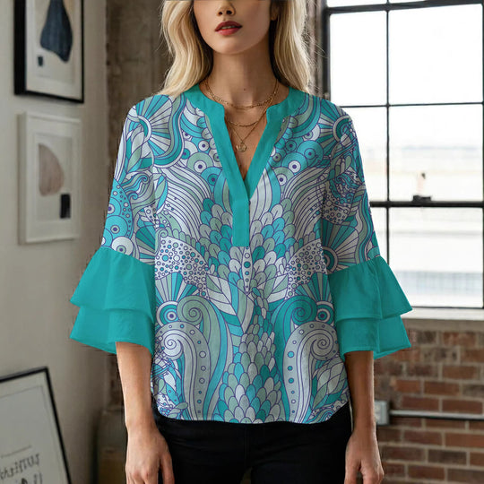 Damen Bluse mit voluminösen Rüschenärmeln und kreativem Floraldesign R&B