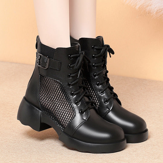 Damen Modische Schnürstiefeletten mit atmungsaktivem Netzdesign und komfortablem Blockabsatz R&B