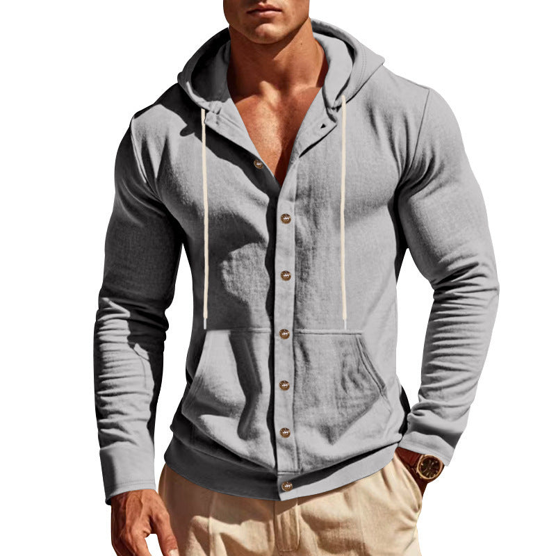 Herren nan leichte Kapuzen-Strickjacke mit durchgehender Knopfleiste schmaler Schnitt und Kängurutasche R&B