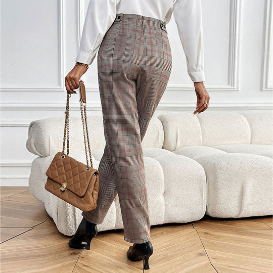 Damen Karottenhose mit hochgezogenem Bund und modischem Karo-Muster R&B