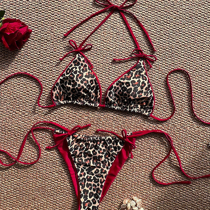 Damen Triangel-Bikini mit detailliertem Tropenmotiv und verstellbaren Bindebändern R&B